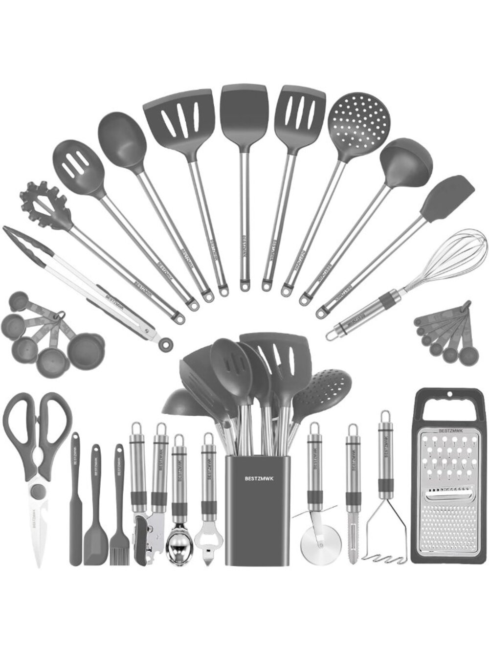 33-Piece Silicone Cooking Utensil Set | Nonstick Kitchen Tools & Gadgets (Grey)